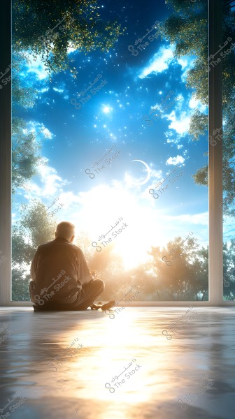 A person sits alone in front of a large window looking out onto a beautiful nighttime landscape. The sky is filled with twinkling stars and a glowing crescent moon, casting a soft light over the surroundings. Trees hang from above, and the light reflects on the shiny floor. The person appears to be contemplating the serene scene.