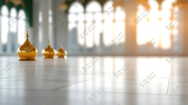 The image shows an intricately designed golden dome inside a spacious mosque. The floor is covered with shiny tiles, and sunlight streams in through large arched windows in the background, adding a warm touch and natural lighting to the space.