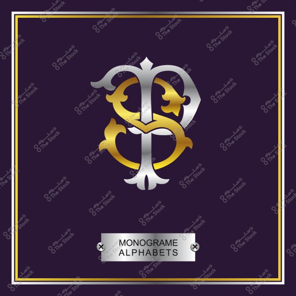 تصميم مونوغرام ذهبي وفضي للحروف على خلفية داكنة مع إطار ذهبي.