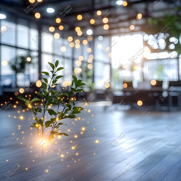 A small green plant growing on a wooden floor illuminated by soft lighting, with magical sparkling specks surrounding the plant. In the background, there is a large window allowing natural light into the room, creating a beautiful effect of shadows and light spots.