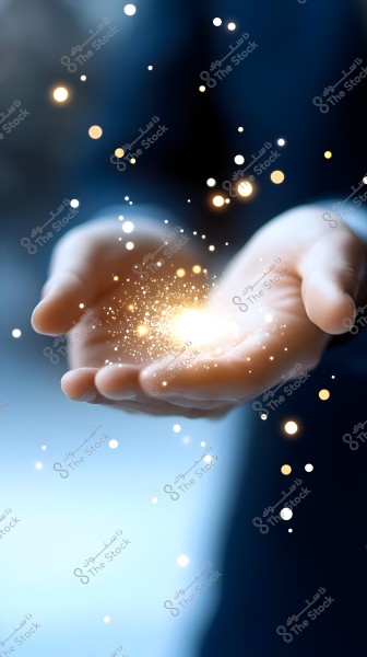 An open hand reaching forward, with glowing twinkling lights and small bursts of fireworks centered in the palm, set against a bluish background.