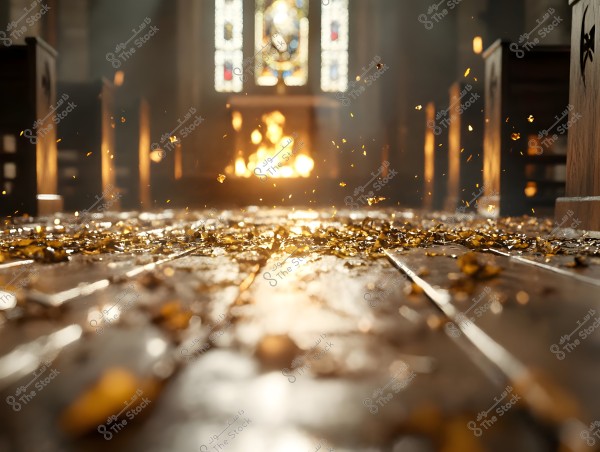 An image of an interior view focusing on a floor covered with fallen golden leaves in a church aisle. The leaves glow in the sunlight filtering through distant stained glass windows, casting a warm light that illuminates the scene.