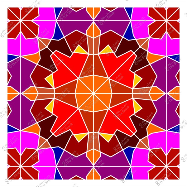 A colorful geometric design featuring symmetrical patterns with vibrant colors like red, orange, purple, and pink. The shapes are interconnected with thin white lines, creating a symmetrical pattern reminiscent of traditional mosaics.