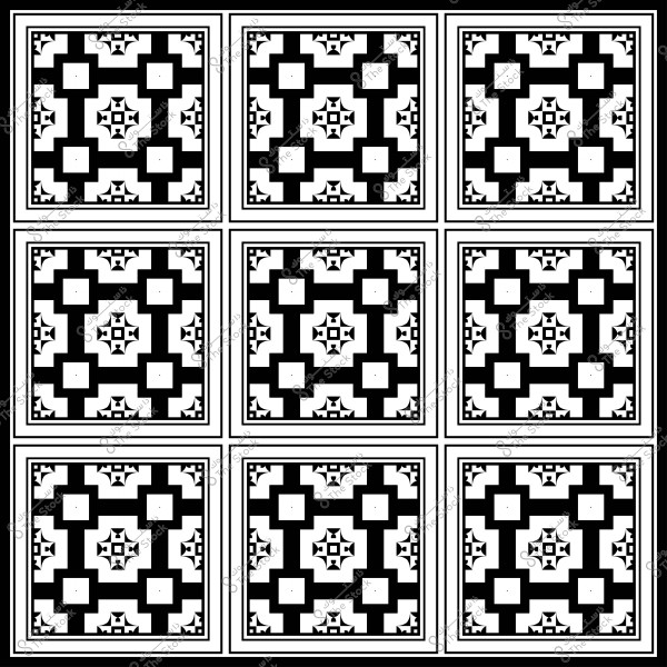 صورة لنمط فسيفساء هندسي بالأبيض والأسود يتكرر في تسعة مربعات متجاورة.