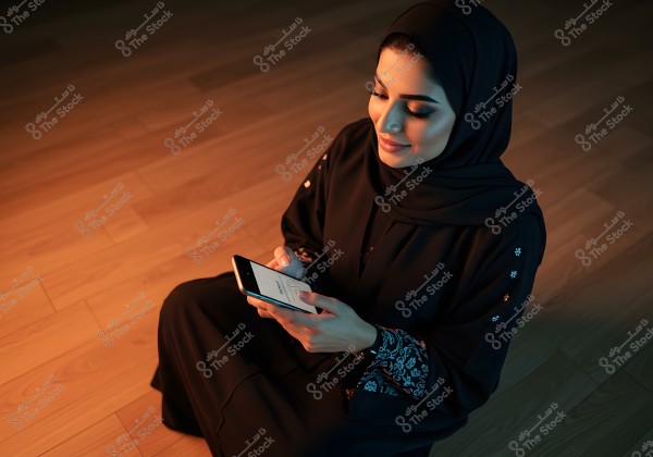 A woman wearing a black abaya and hijab, sitting on a wooden floor and looking at a smartphone in her hands. The scene is lit by warm lighting, giving the image a calm atmosphere.