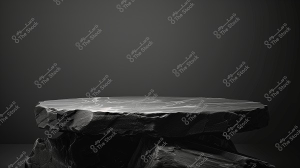 An image of a circular table made of black stone, featuring natural texture with grooves and lines. The table is placed on a rocky base against a dark, calm background.
