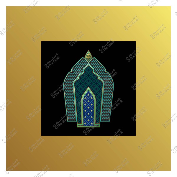 نقش إسلامي مزخرف بأنماط هندسية على خلفية سوداء وإطار ذهبي.