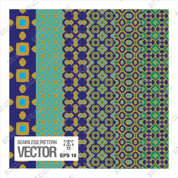 أنماط هندسية ملونة تمتزج بين الأزرق الداكن والذهبي مع تصميمات متكررة.