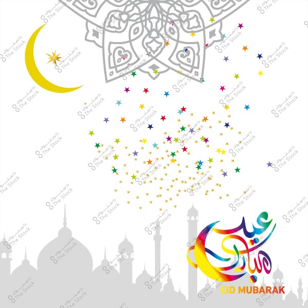 تصميم ملون يحتوي على عبارة \"عيد مبارك\" بالخط العربي مع رسم لهلال وزخرفة إسلامية وأفق مسجد في الخلفية.