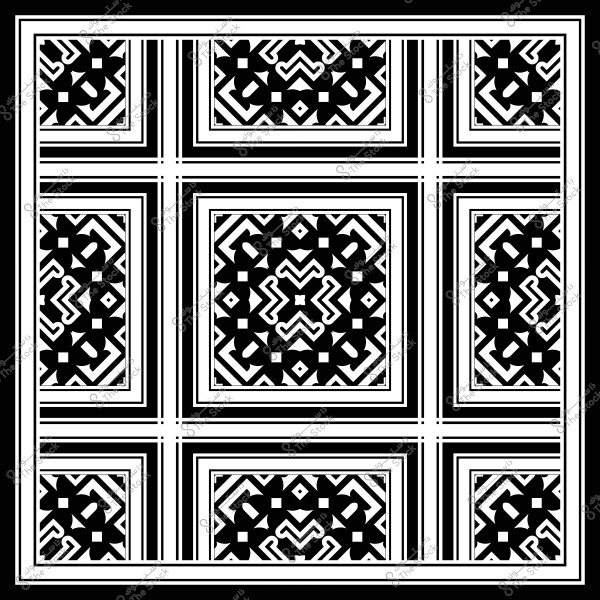 نمط زخرفي هندسي بالأبيض والأسود مكون من مربعات متكررة وخطوط متقاطعة.