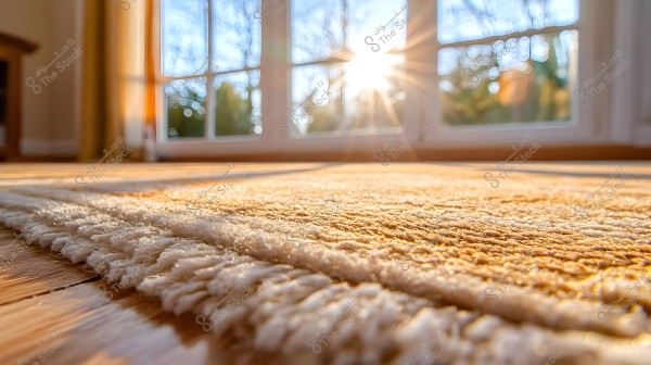 An image of a soft white carpet on a wooden floor, with bright sunlight streaming through a large glass window in the background, casting warm shadows on the floor.