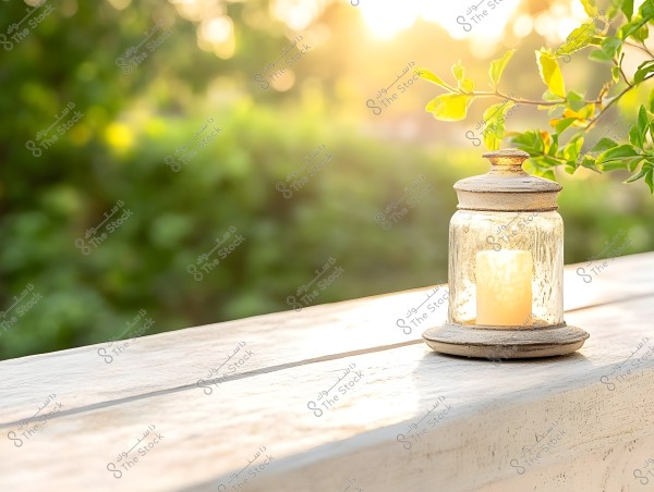 A glass jar on a wooden table holding a lit candle. In the background, bright sunlight and green foliage create a peaceful and warm atmosphere.