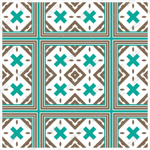 Geometric decorative pattern with green and brown colors on a white background.