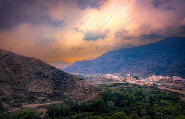 An aesthetic view of the traditional village of Dhi Ain surrounded by a group of rocky mountains and the sky appears cloudy, a group of trees and green palms, nature in Saudi Arabia.