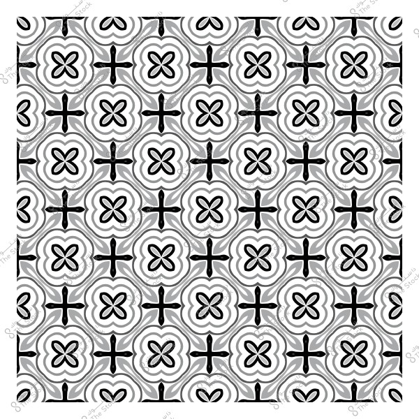 Black and white decorative pattern with cross and floral shapes.