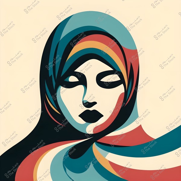 The image shows an abstract artistic representation of a human face depicting a female figure. The face is illustrated in vibrant colors such as blue, red, and orange, wearing a hijab in the same colorful palette. The art features smooth, expressive lines with the eyes and features lacking detail. The design is simple and attractive, reflecting a contemporary artistic touch.