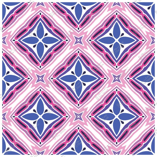 نمط زخرفي مكرر بتصميم هندسي يحتوي على أشكال ماسية وزهور باللونين الأزرق والوردي.