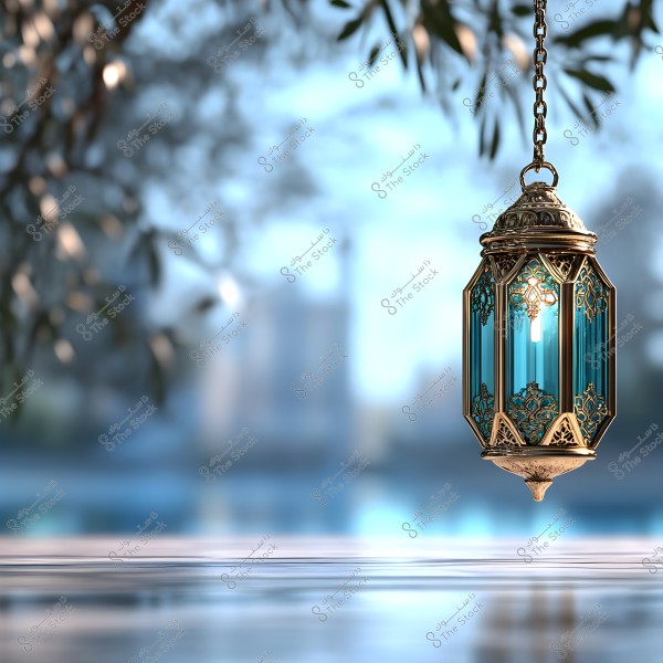 A traditional lantern with blue glass panels hangs from a metal chain against a blurred natural background. Blurred foliage appears on the left side of the image, adding a tranquil and serene atmosphere to the scene.