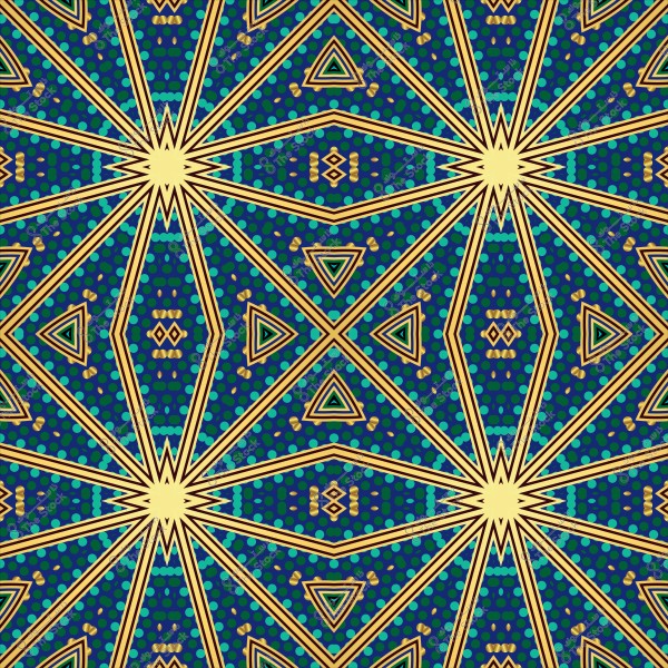 تصميم زخرفي هندسي بألوان ذهبية وزرقاء وخضراء يتضمن أشكالاً نجمية ومثلثات.