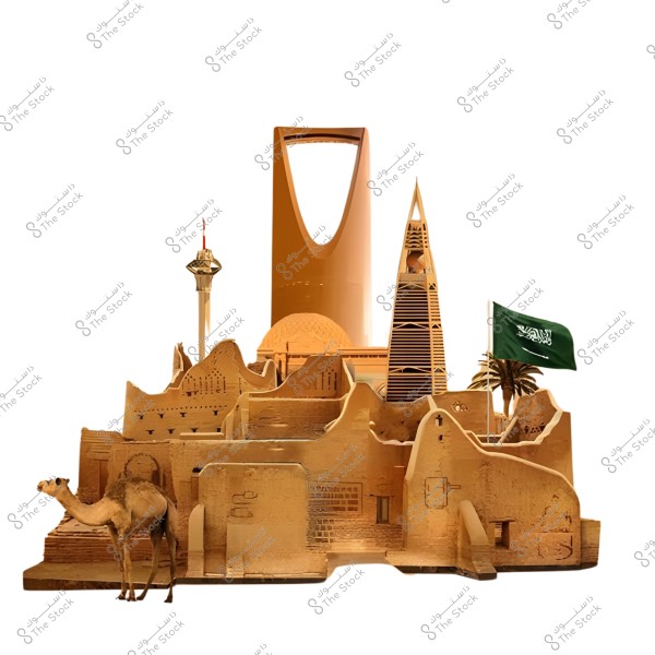 An artistic composition featuring both historical and modern architectural elements of Riyadh, Saudi Arabia. The Kingdom Tower and Al Faisaliah Tower are displayed alongside traditional architectural elements like mud buildings and a palm tree. In the foreground, there is a camel and the Saudi Arabian flag.