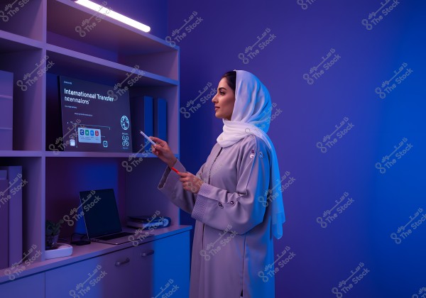 A photo of a woman wearing a white headscarf and an abaya standing in a room lit with blue and purple hues. The woman is pointing at a screen displaying a presentation with text and a chart about \"International Transfers.\" A desk holds a laptop, files, and other items.