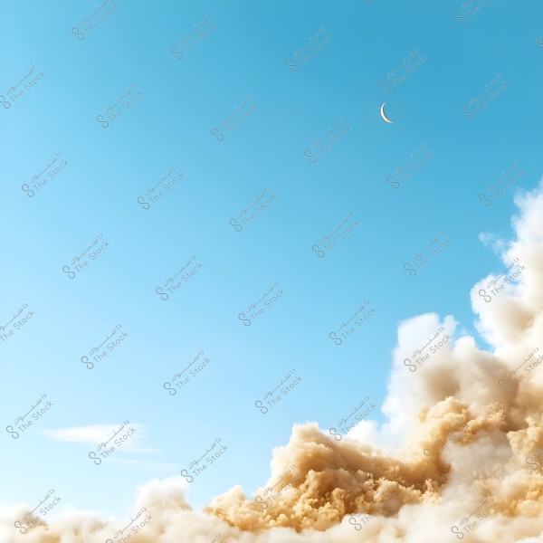 An image of a clear blue sky featuring a large, fluffy cloud in white and brown at the lower right part of the image. A small crescent moon is visible in the upper left. The image conveys a sense of tranquility and natural beauty.