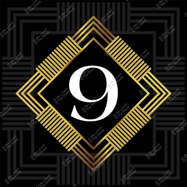 تصميم فني لمربع أسود بزخارف ذهبية تتوسطه رقم تسعة باللون الأبيض.