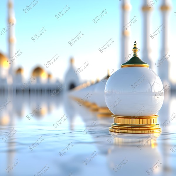 An image depicting part of a mosque with white and gold columns and aligned minarets, with a reflective polished floor mirroring the clear blue sky. The domes in the background showcase Islamic architectural style.