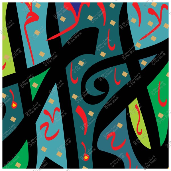 لوحة فنية تظهر تصميمًا تجريديًا بالألوان الزرقاء والخضراء مع خطوط سوداء وتفاصيل حمراء تشبه الكتابة العربية.