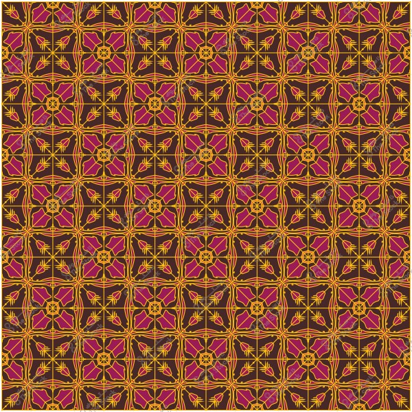 نمط هندسي زخرفي بخطوط صفراء وأشكال سداسية بنفسجية على خلفية داكنة.