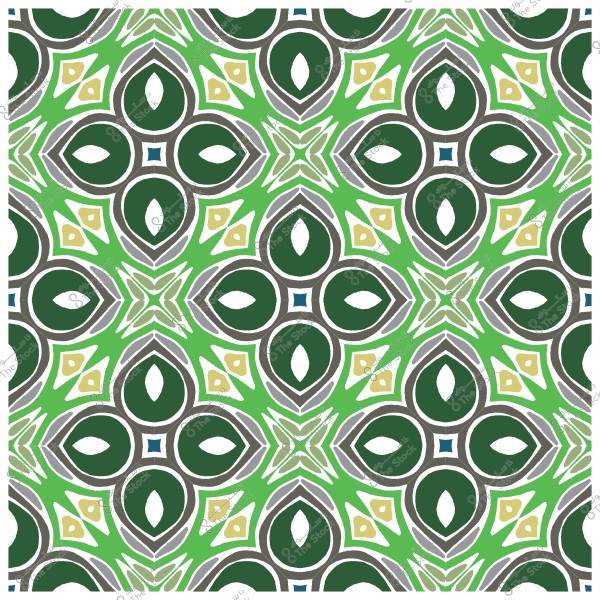 Symmetrical geometric pattern in green, olive, and white colors, featuring a repeating floral design.