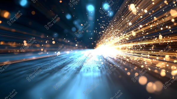 Lines of blue and orange light stretch diagonally across the image against a dark background. Sparkling dots are scattered among these lines, creating a dynamic and bright effect.