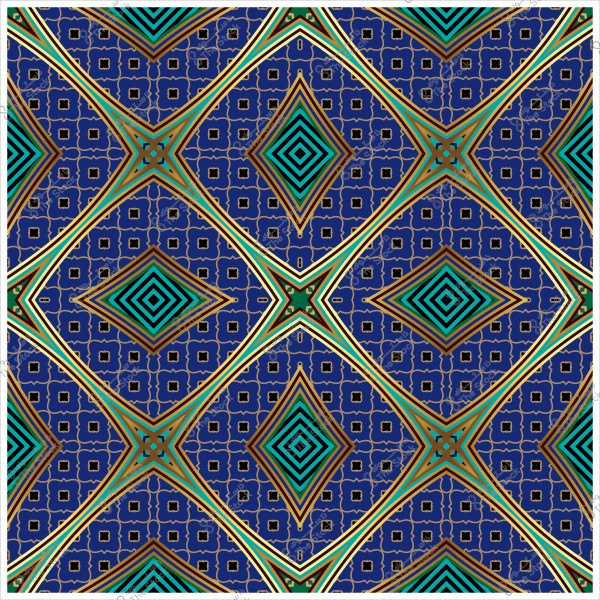 Geometric pattern with blue, green, and gold colors featuring diamond designs and intricate geometric shapes.