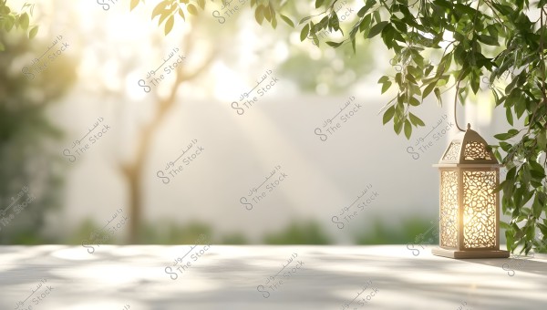 A decorative lantern glowing and hanging from green tree branches outdoors. The background highlights sunlight filtering through the branches, focusing on nature and serenity, with shadows and the effect of natural light beautifully portrayed.