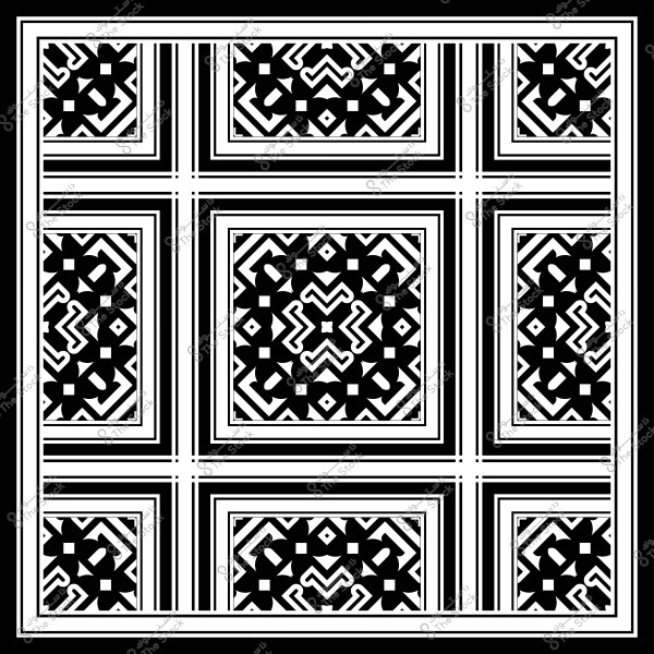 نمط زخرفي أبيض وأسود بتصميم هندسي يتضمن أشكالاً متداخلة وخطوطاً مستقيمة في شبكة.