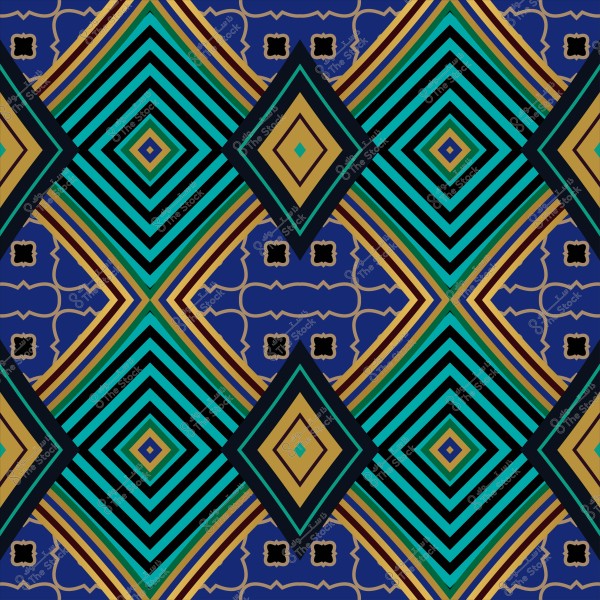 تصميم هندسي متماثل بألوان الأزرق والأخضر والذهبي مع نمط ماسي.