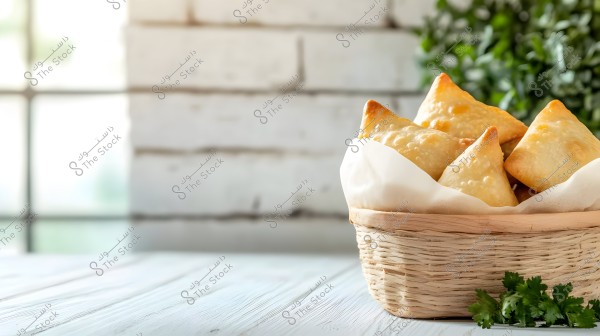 A wicker basket filled with triangular samosas placed on white parchment paper, displayed on a light wooden table. In the background, there is a paneled wall, green leafy plants, and a visible corner of a window.