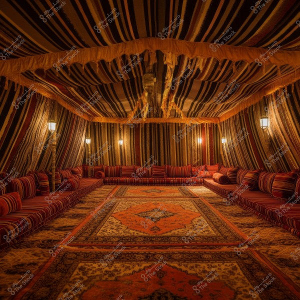 An image depicting a traditional tent adorned with an Arabic pattern, featuring striped cushions lining the interior walls of the tent, along with colorful rugs covering the floor. Warm lighting contributes to an atmospheric and serene ambiance.