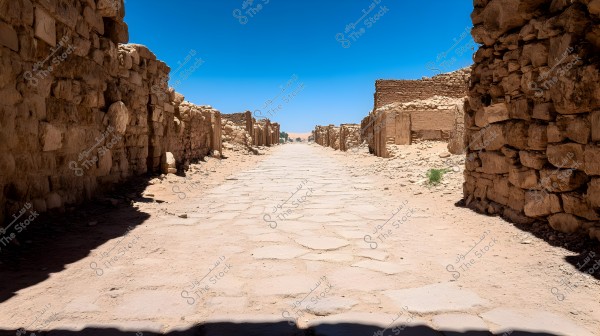 An image of an ancient stone-paved pathway flanked by clay and brick walls. The clear blue sky is visible in the background with sandy dunes on the horizon. The structures on both sides appear abandoned and slightly eroded, suggesting an archaeological site in a desert region.