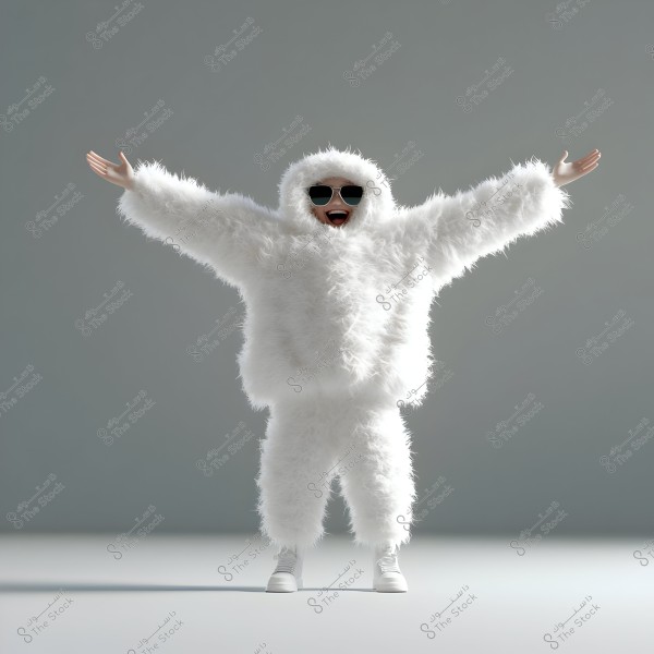 The image depicts a person standing cheerfully, wearing a winter outfit made of white fur that covers the whole body, including a hood. The person is wearing black sunglasses and has their arms raised in the air joyfully. The background is a plain gray color.
