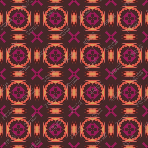 نمط هندسي ملون بأشكال دائرية ومربعات وألوان برتقالية وأرجوانية على خلفية داكنة.