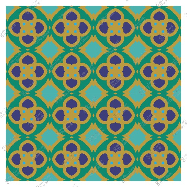 Islamic pattern with geometric designs in green and blue colors with golden details.