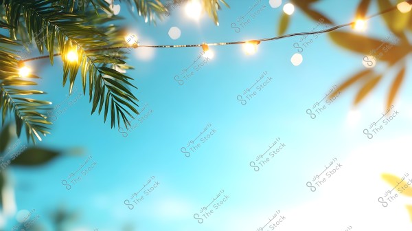 Image showing palm tree branches against a clear blue sky. A string of small, twinkling lights hangs between the branches.