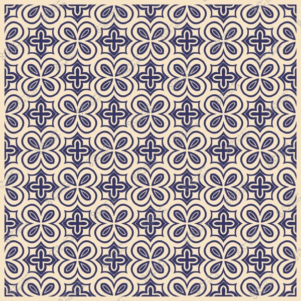 نمط هندسي زخرفي مكون من أشكال زهرية وأشكال متقاطعة بتدرجات اللون الكحلي والكريمي.