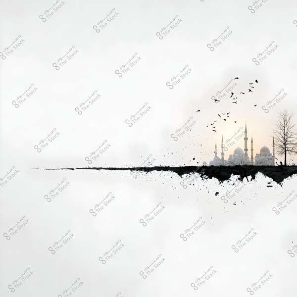 An image depicting an artistic landscape with a vast gray expanse, where black shadows culminate in the image of a mosque with tall minarets against a light sky background. A flock of birds is seen flying above the mosque, with a solitary tree standing on the right side of the frame.