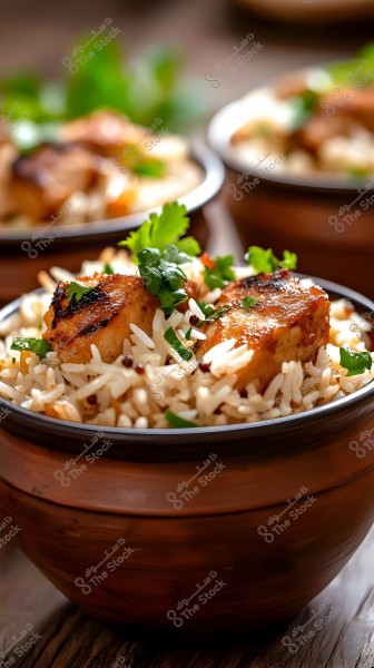 An image of a dish filled with white rice topped with grilled chicken pieces and garnished with green cilantro leaves. The bowl is made of brown ceramic and sits on a dark wooden surface. Similar dishes containing the same ingredients appear in the background.