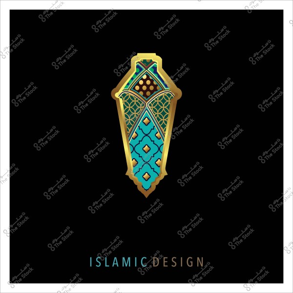 تصميم هندسي إسلامي ذهبي وزخارف زرقاء على خلفية سوداء.