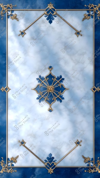Ornamental design featuring a marble-like background in light and dark blue hues. It includes a golden frame with floral engravings and geometric embellishments at the corners, highlighted with dark blue leaf-like shapes. A prominent central design with golden patterns and floral motifs.
