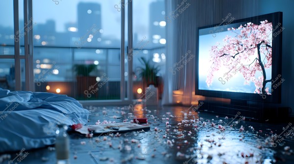 The image depicts a dimly lit living room with a calm and cool ambiance. In the foreground, there is a blue bed spread out on the floor, surrounded by popcorn, some books, and drinks. In the background, a television displays an image of a blossoming tree, and a glass patio provides a view of a city lit up at night. The outside appears rainy, adding an extra sense of tranquility and calmness.