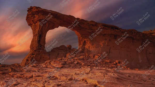 A majestic rock formation in a desert with a large arch resembling a natural bridge under a sky filled with sunset hues of warm oranges, pinks, and purples. The ground is covered with natural rocks and stones.